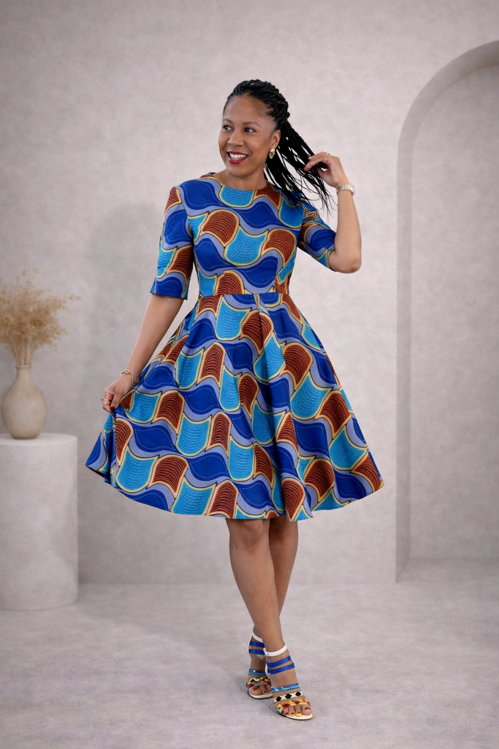 African Print Fit & Flare Dress with Pockets