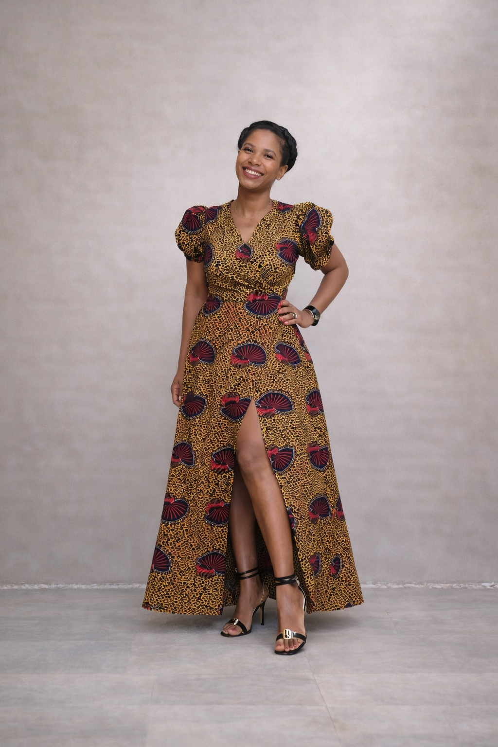 Brown African print Maxi Dress: Ankara Jayde Wrap Dress with Side Split. 8