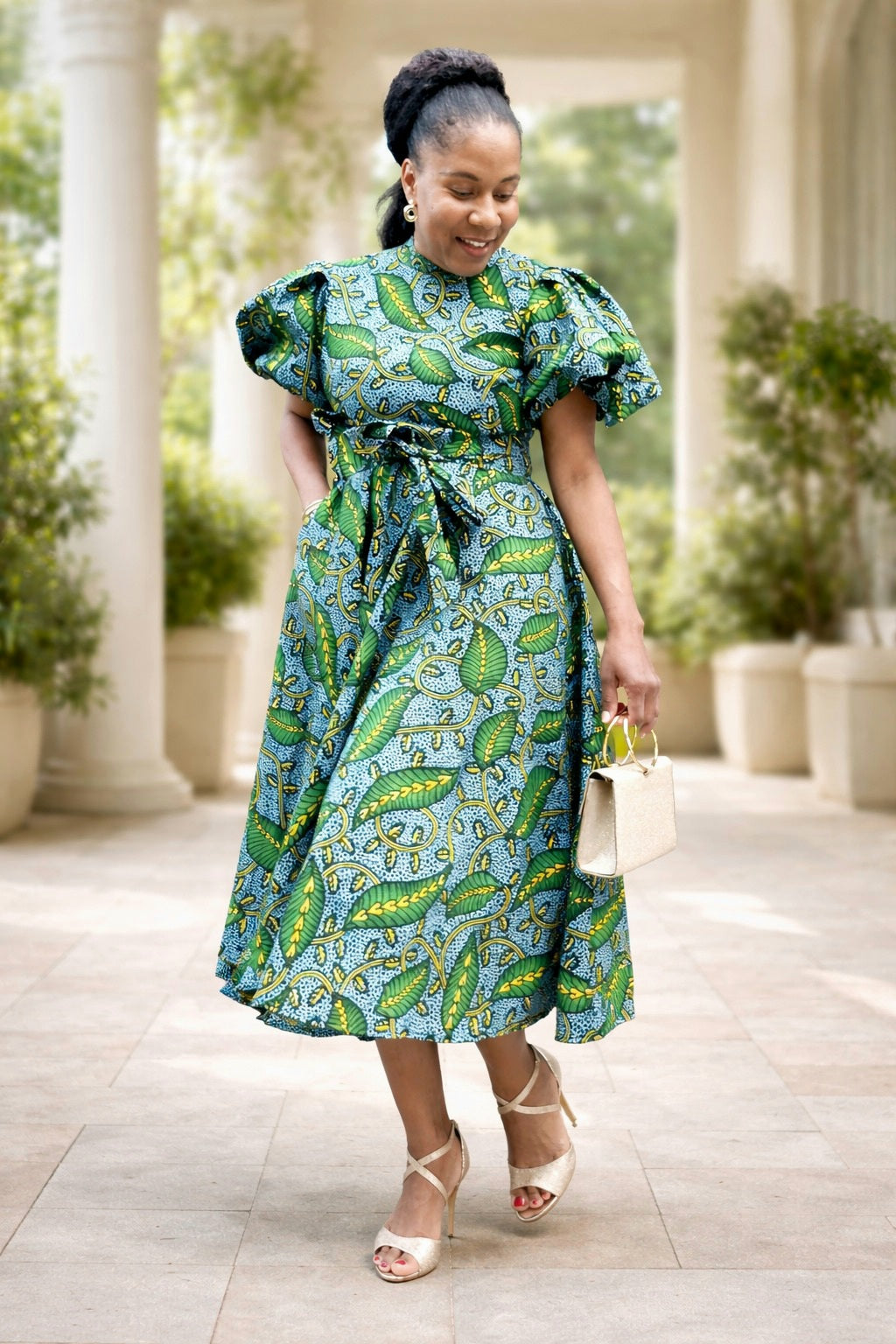 Green Puff Sleeves Dress: A Statement of African Print Elegance