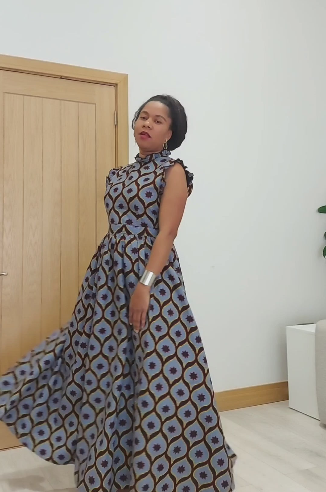 Load video: Sapphire blue african wax cotton Maxi Dress. Ankara floral party dress