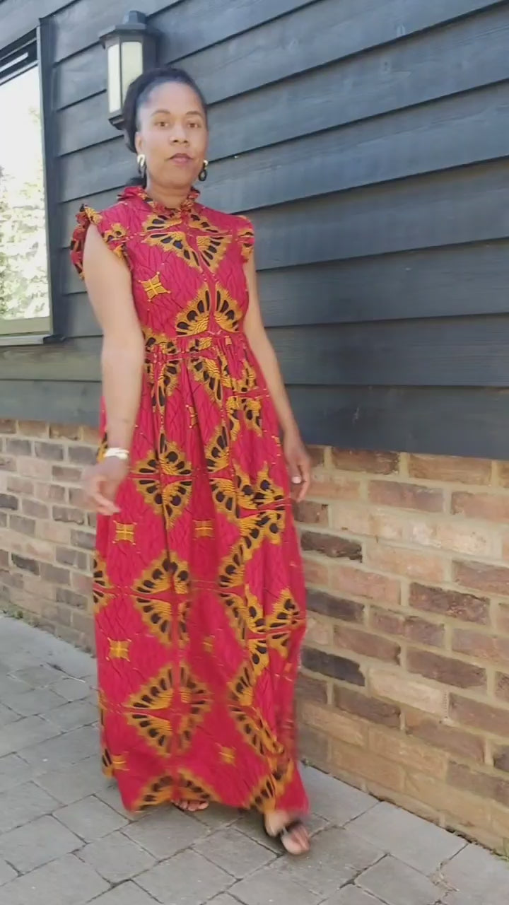 Load video: Ankara Maxi Dress, African print long dress, red maxi dress - wedding guest dress