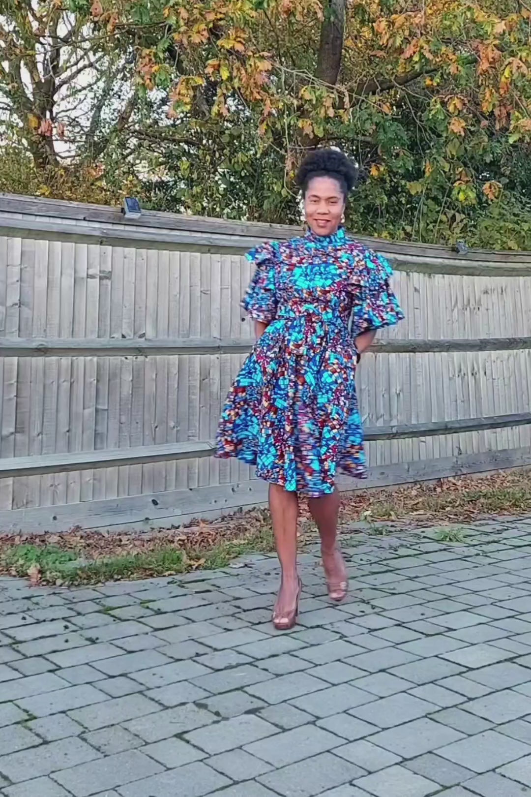 Load video: Elegant African Print Midi Dress with Pockets UK Brand, Ankara frill dress