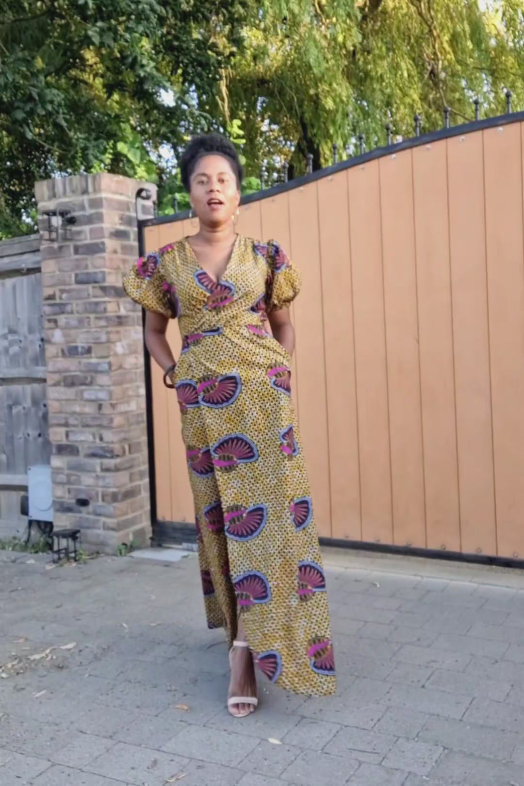 Load video: Brown African print Maxi Dress: Ankara Wrap Dress with Side Split.