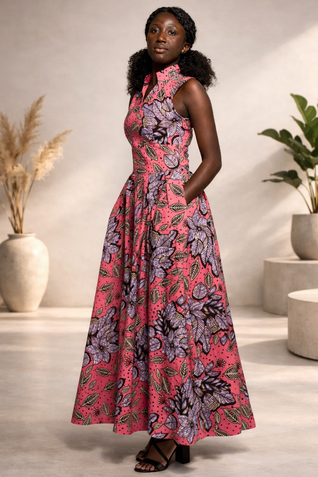 Luna Dress – Vibrant Pink African Print Maxi Dress