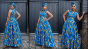 Luna Collection – African Print V-Neck Dress (Navy Blue & Turquoise)