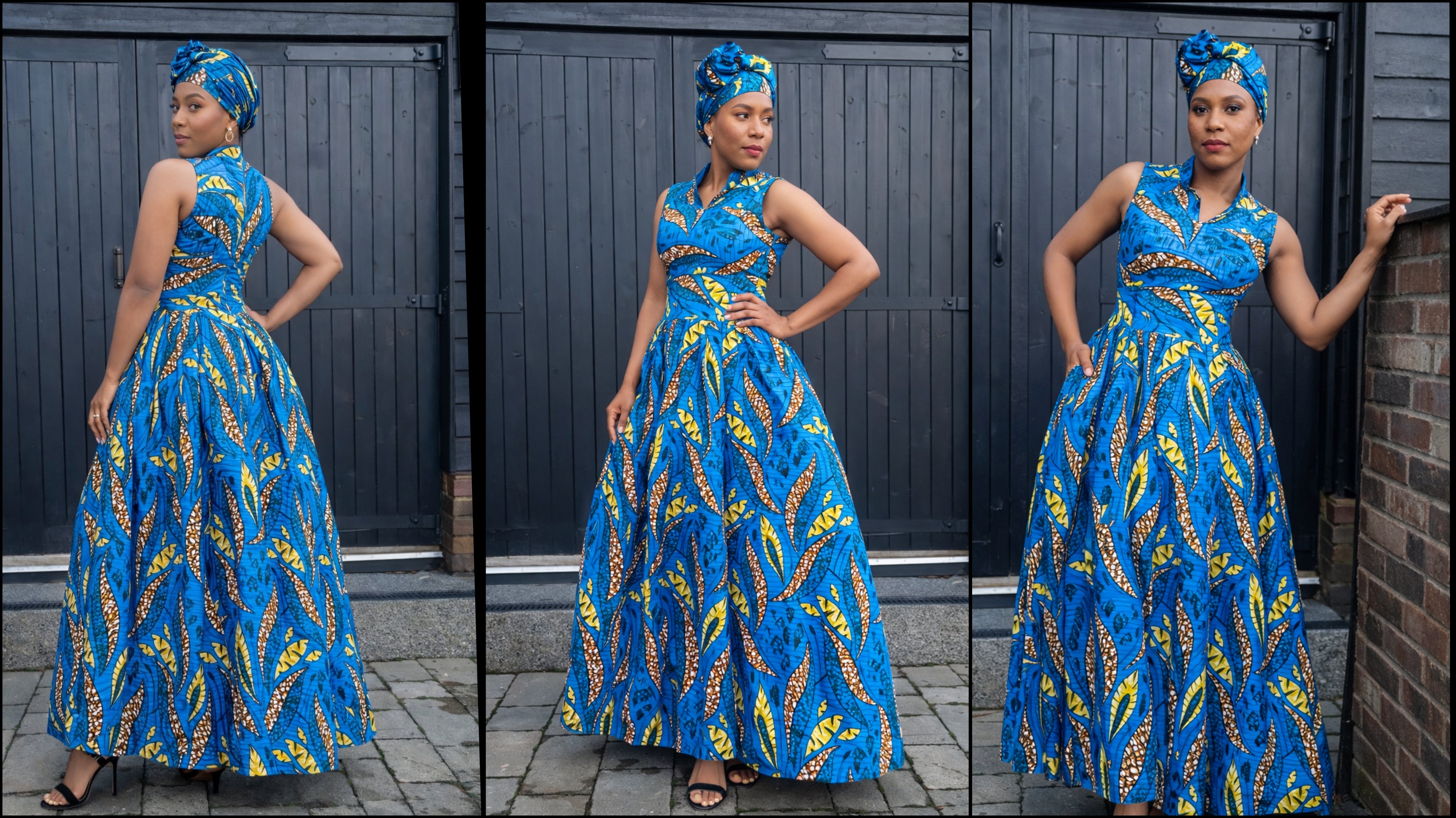 Luna Collection – African Print V-Neck Dress (Navy Blue & Turquoise)