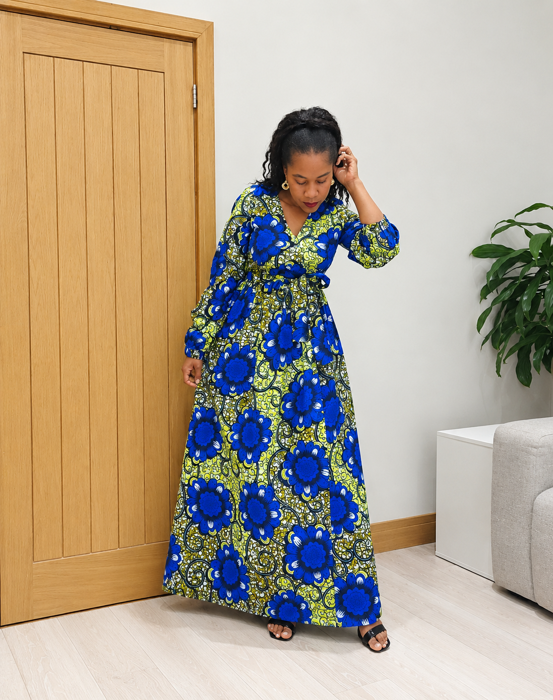 African Print Maxi Dress with Concealed Pockets & Zip Slit