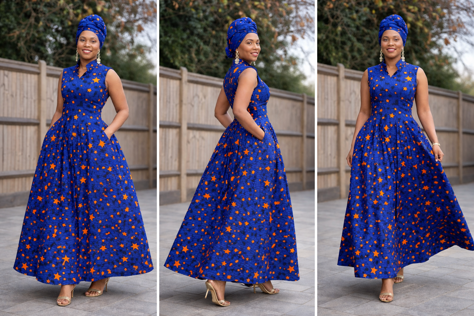 Luna Collection – African Print V-Neck Dress (Navy Blue & Turquoise)