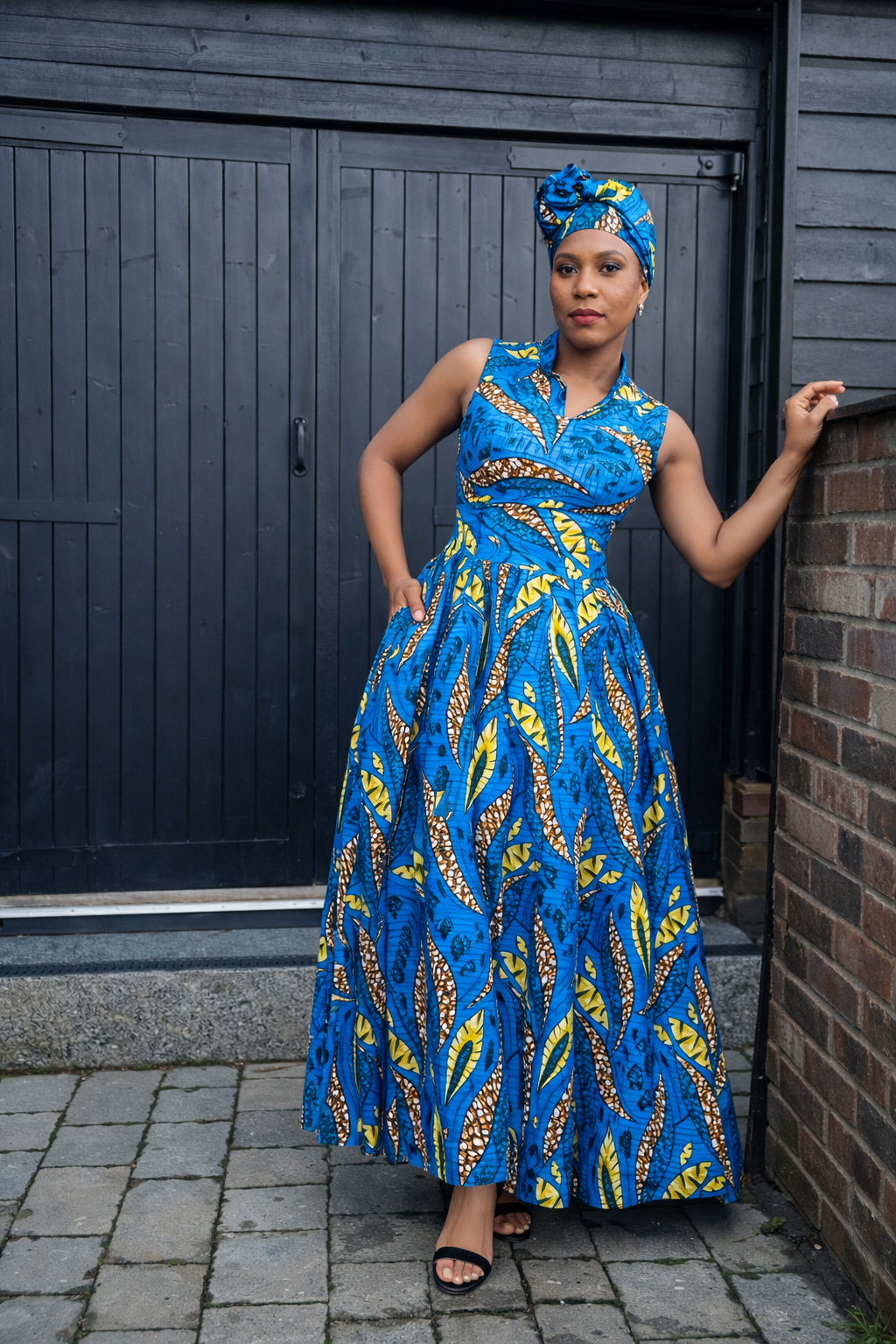 Luna Dress – Bold Blue & Yellow African Print Maxi Dress