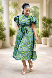 African print Puff Sleeves Dress/MADE INSIDE