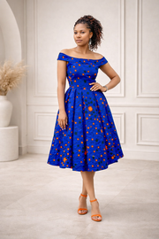The Starline Midi Dress/Blue African Print Off-Shoulder Dress with Pockets