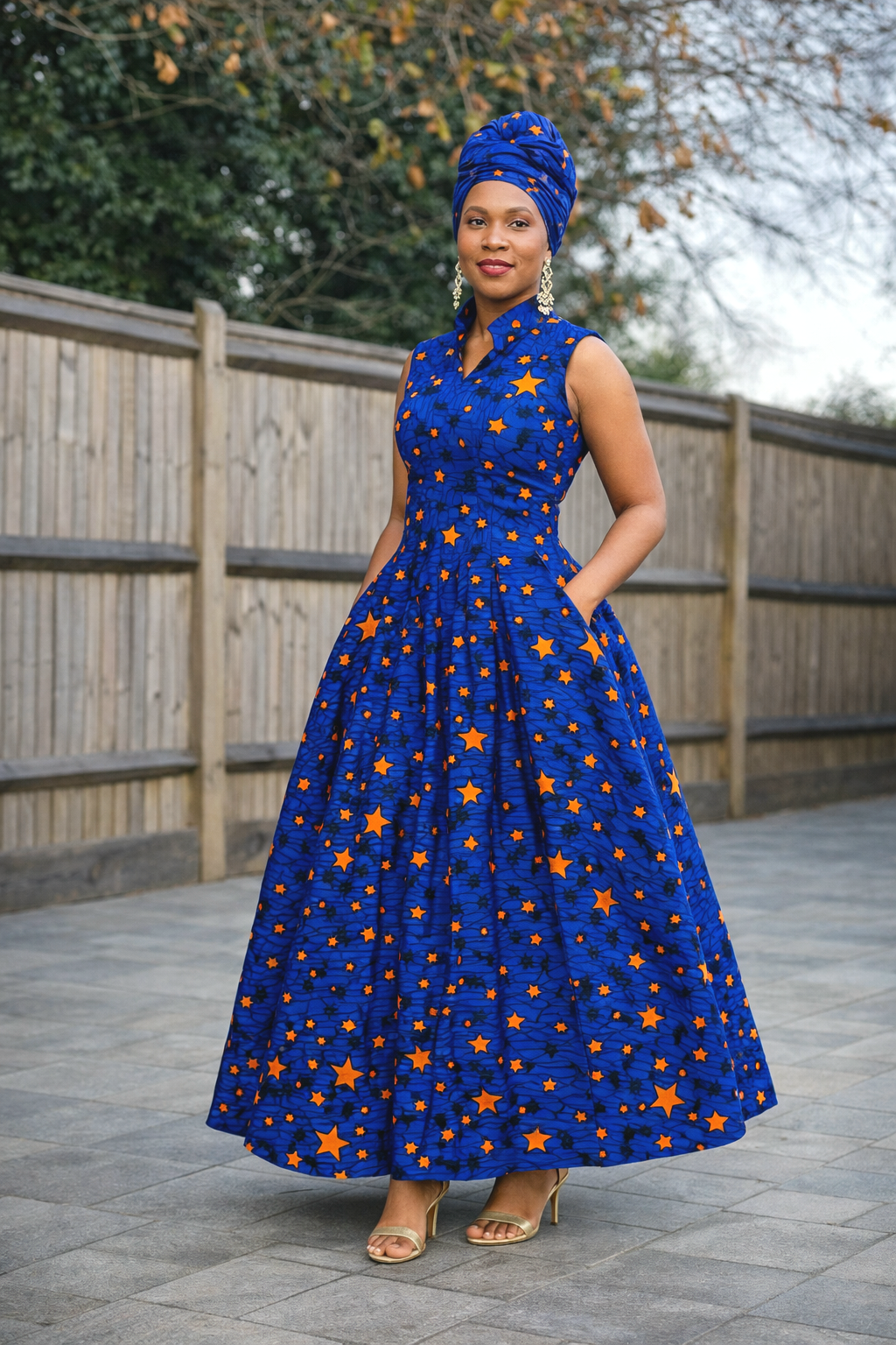 Maxi African Print Dress – Ankara V-Neck Dress (Navy Blue & Turquoise) - with Matching Headwrap