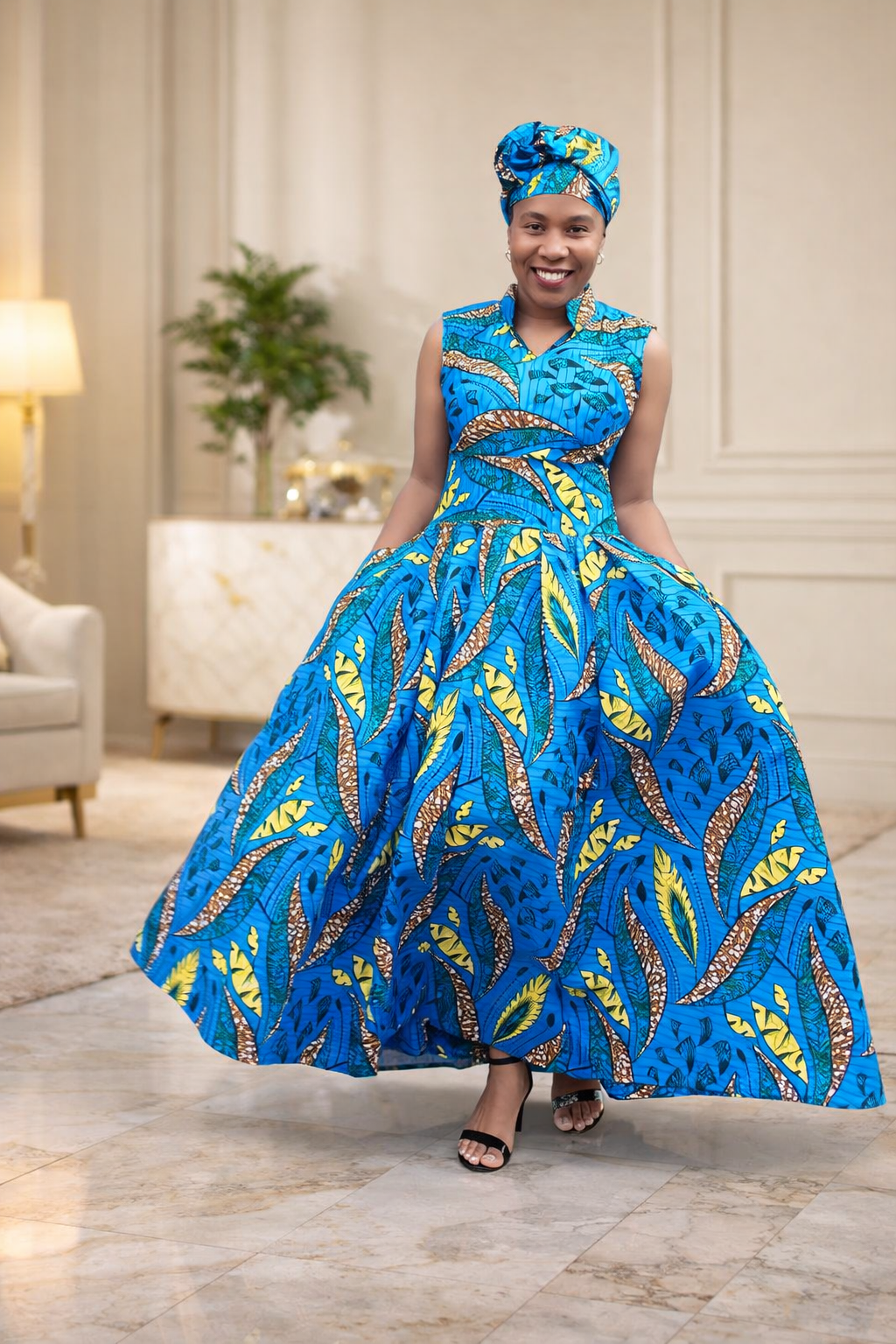 Luna Dress – Bold Blue & Yellow African Print Maxi Dress
