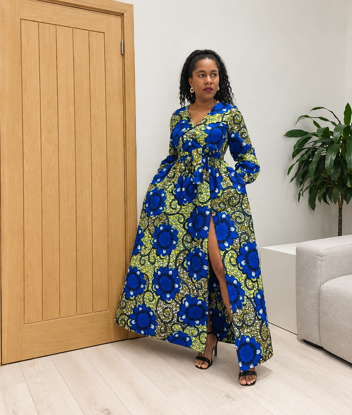 African Print Maxi Dress with Concealed Pockets & Zip Slit