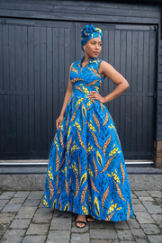 Maxi African Print Dress – Ankara V-Neck Dress (Navy Blue & Turquoise) - with Matching Headwrap