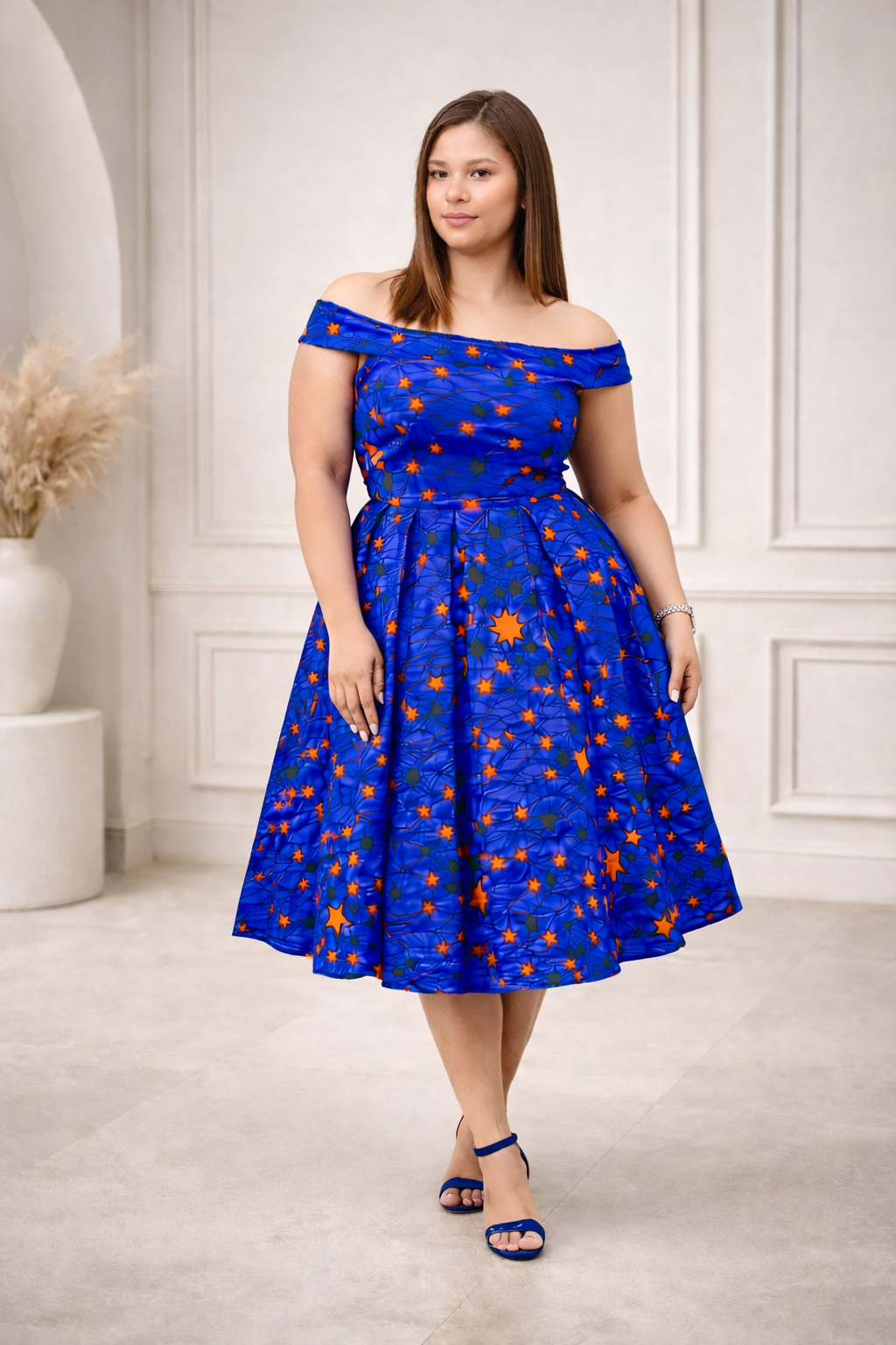The Starline Midi Dress/Blue African Print Off-Shoulder Dress with Pockets
