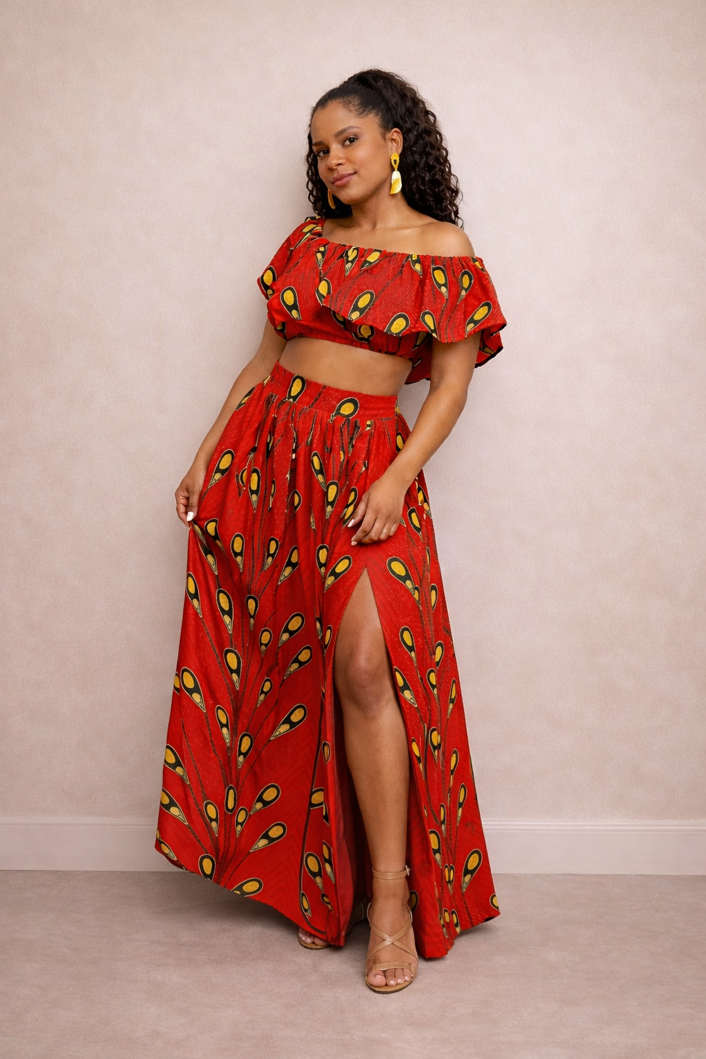 African Print Two-Piece Skirt Set – Off-Shoulder Ankara Crop Top & Maxi Skirt