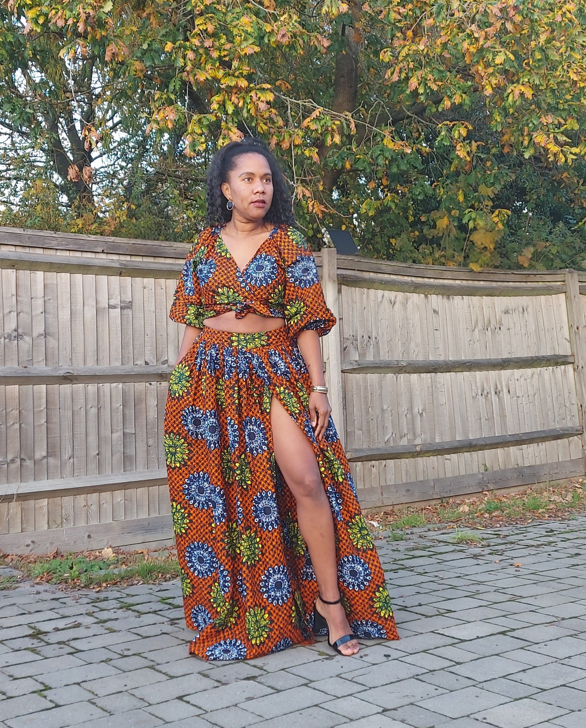 Rubane Brown African print maxi skirt set. Crop top