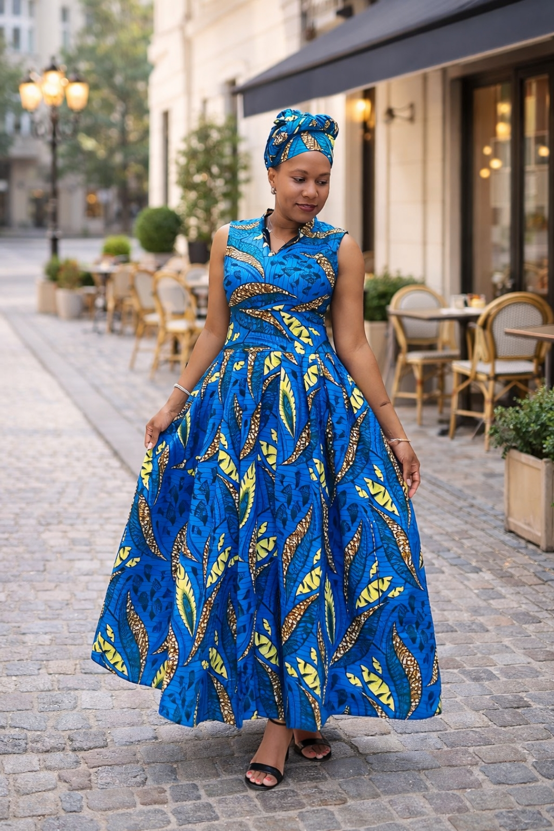 Luna Dress – Bold Blue & Yellow African Print Maxi Dress