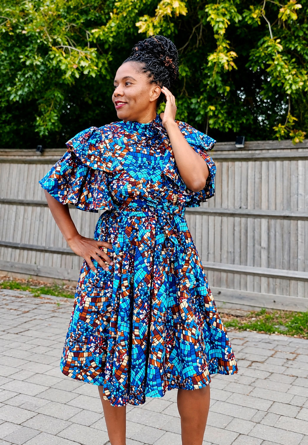 Elegant African Print Midi Dress with Pockets UK Brand, Ankara frill dress