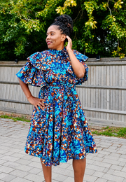 Elegant African Print Midi Dress with Pockets UK Brand, Ankara frill dress