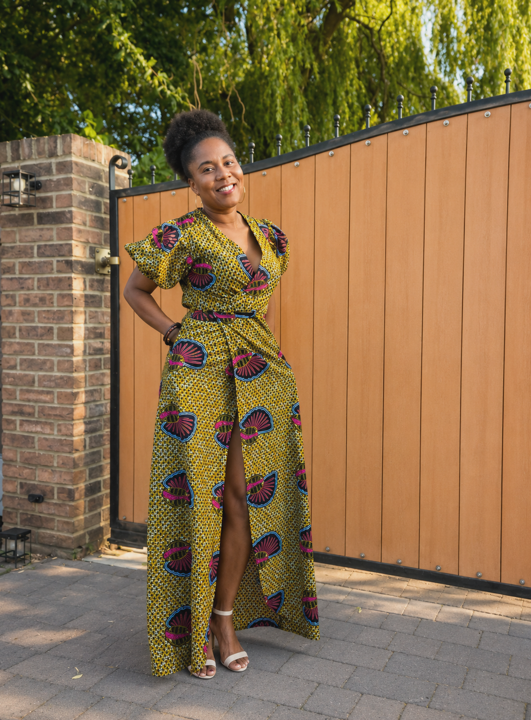 Brown African print Maxi Dress: Ankara Wrap Dress with Side Split.
