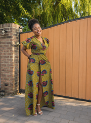 Brown African print Maxi Dress: Ankara Wrap Dress with Side Split.