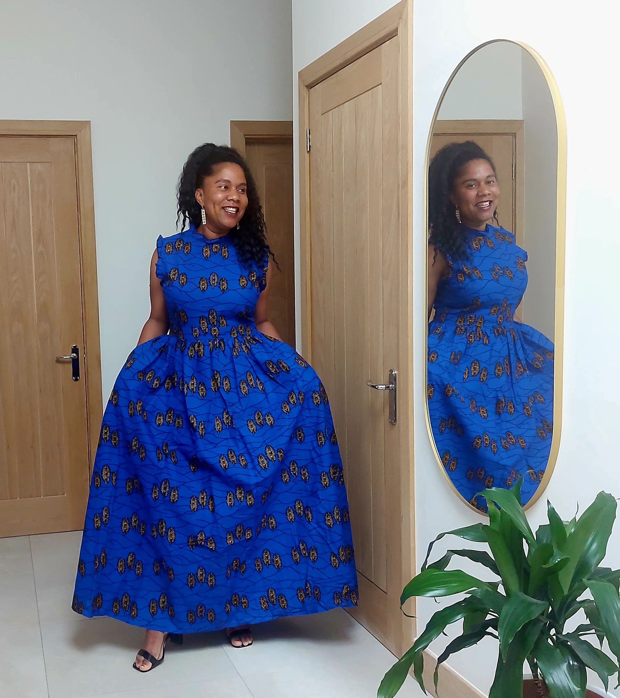 Sapphire blue african wax cotton Maxi Dress. Ankara floral party dress